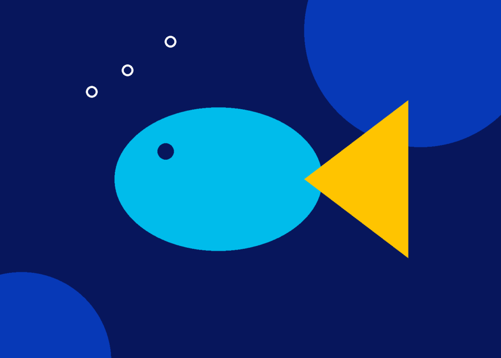 Ilustração fictícia de peixe em formas geométricas coloridas — exemplo para teste