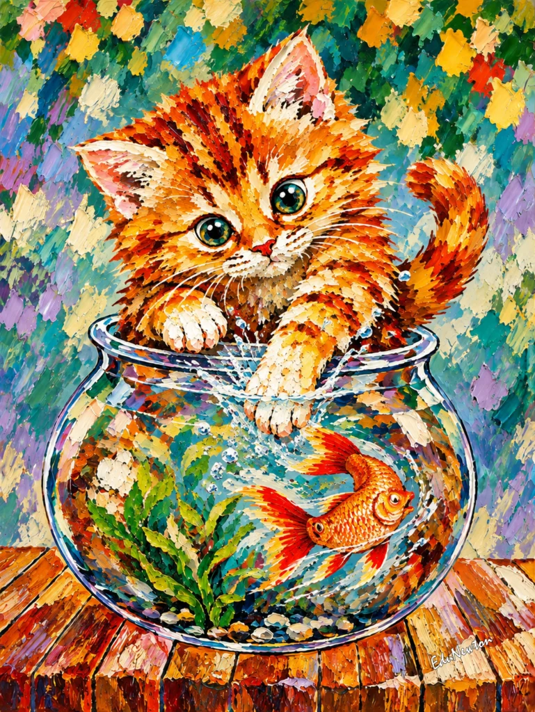Um gatinho se apoia no vidro e estica a pata na direção do peixinho dourado.