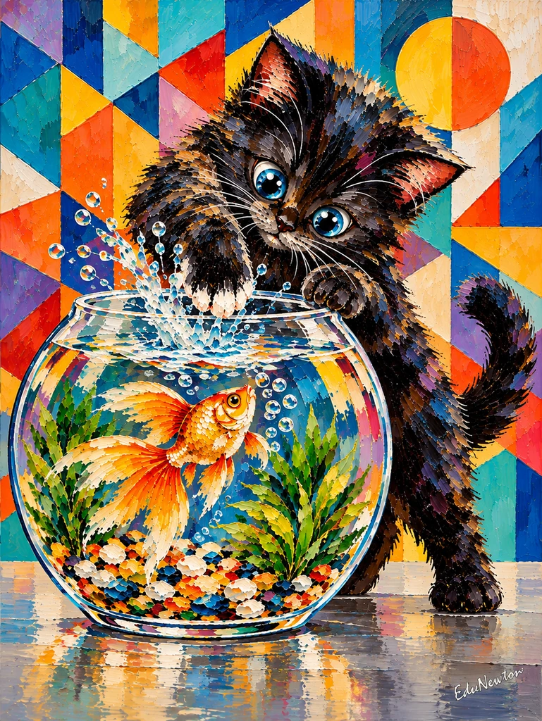 Un gatito se apoya en el cristal y estira la pata hacia un pez dorado.