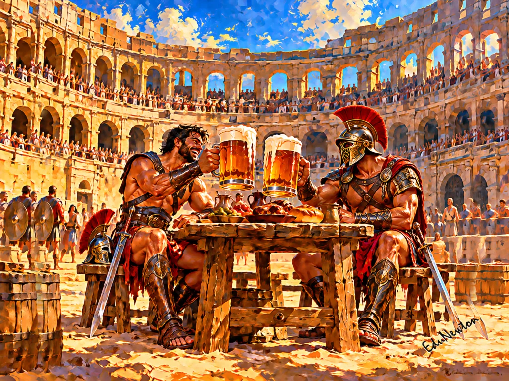 Gladiadores brindam à mesa no Coliseu, com as armas em repouso.