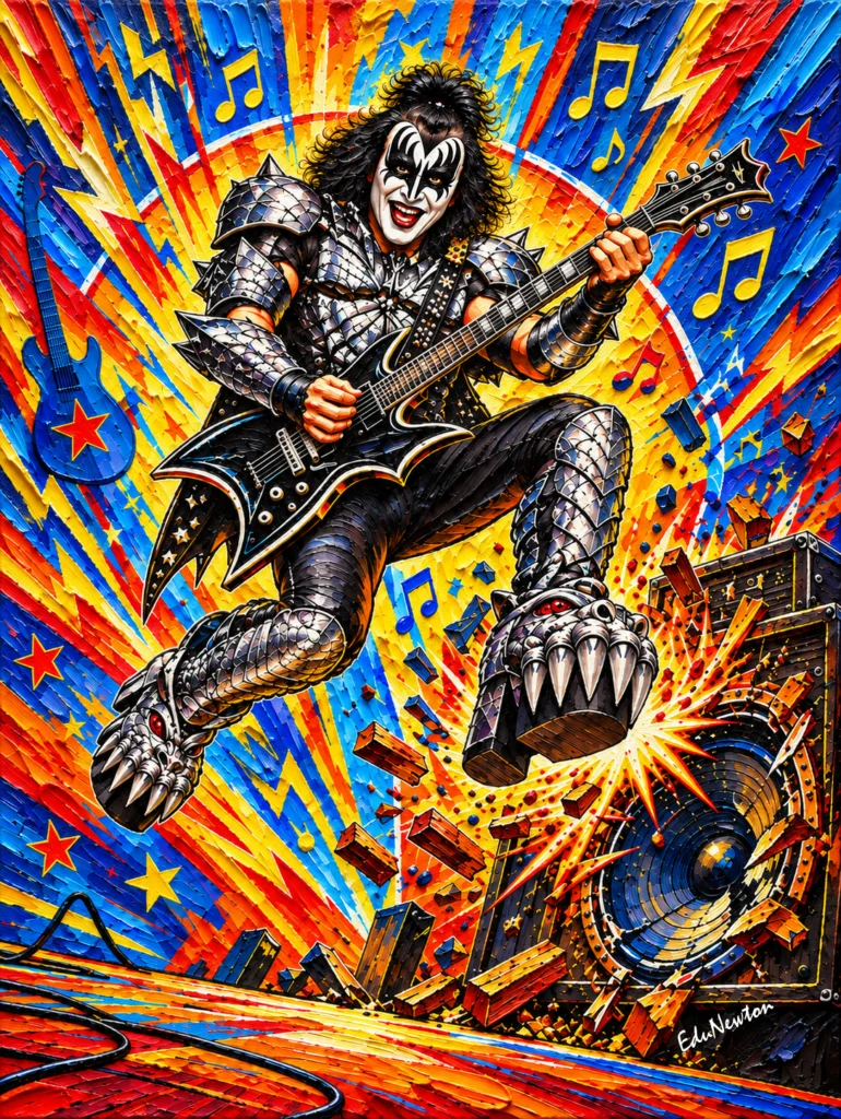 Gene Simmons, do KISS, toca seu instrumento entre raios, estrelas e notas musicais.