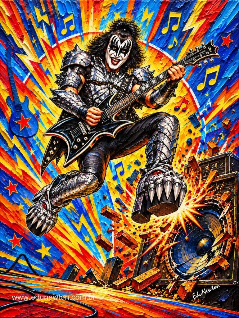 Gene Simmons of KISS appears with his instrument among lightning bolts, stars, and musical notes, capturing the atmosphere of a live show.