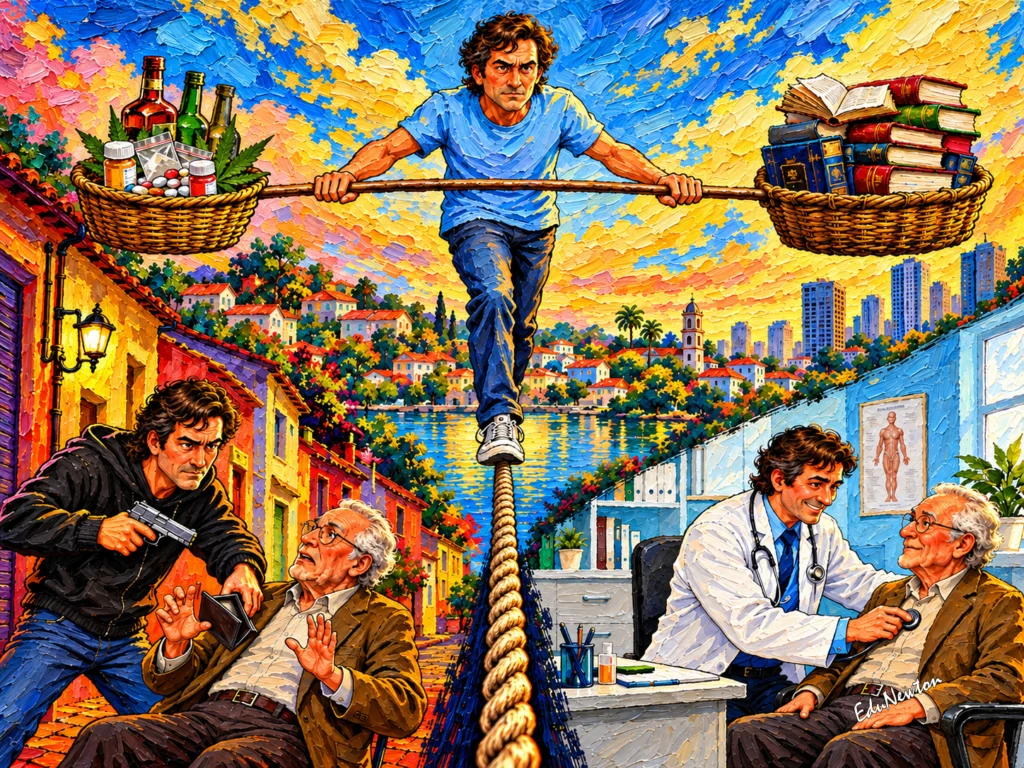 Homem se equilibra na corda bamba entre livros e bebidas.