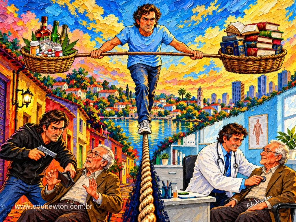 On a tightrope, a man balances between books and drinks.