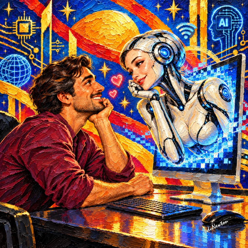 Um homem se aproxima de uma figura de inteligência artificial que emerge da tela.