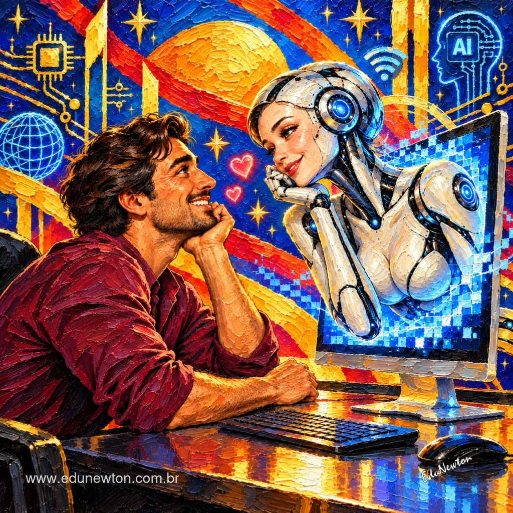 Un hombre se acerca a una figura de inteligencia artificial que emerge de la pantalla.