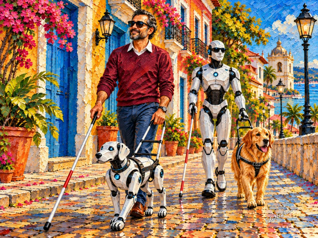 Um homem com bengala caminha com um cão robô; ao lado, um robô é guiado por um cachorro.