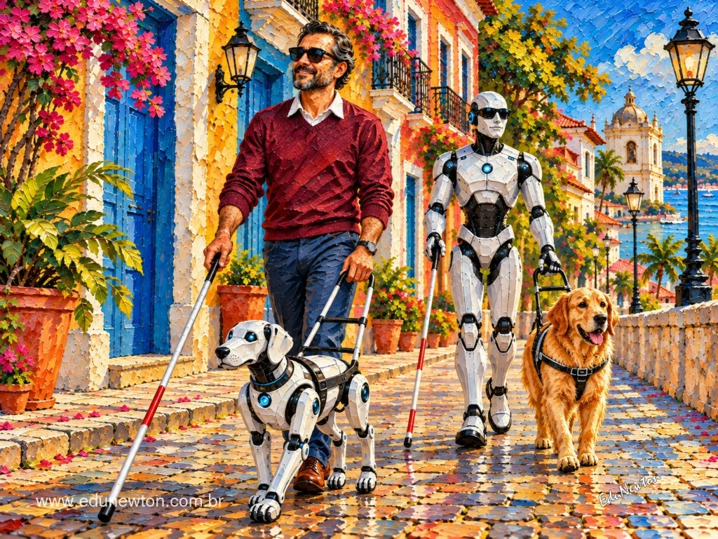Un hombre con bastón camina con un perro robot; a su lado, un robot es guiado por un perro.