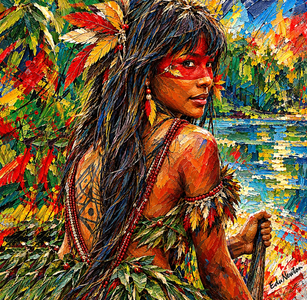 Uma mulher indígena aparece entre a vegetação e as águas, com pintura corporal e adornos em destaque.