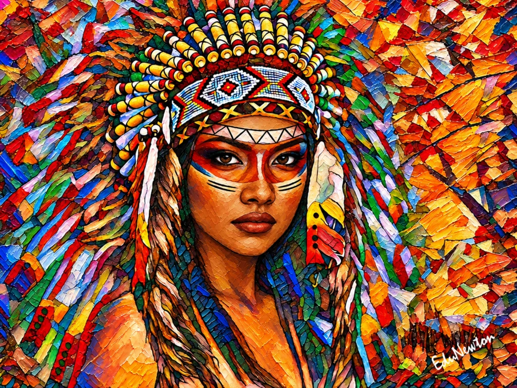 Uma mulher indígena aparece em retrato com um grande cocar de penas coloridas, olhando diretamente para frente.