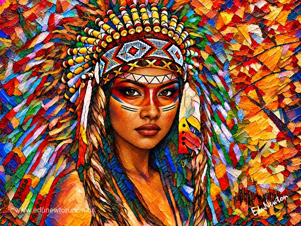 Una mujer indígena aparece retratada con un gran tocado de plumas de colores, mirando directamente al frente.