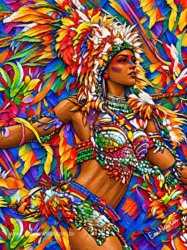 Plumas y cuentas acompa&ntilde;an el gesto de una participante del bumba meu boi.