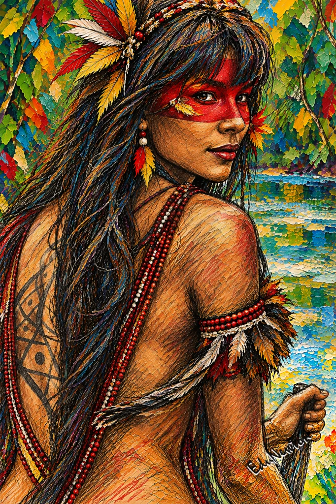 Mulher indígena junto a um remo, com o rio e a mata ao fundo.