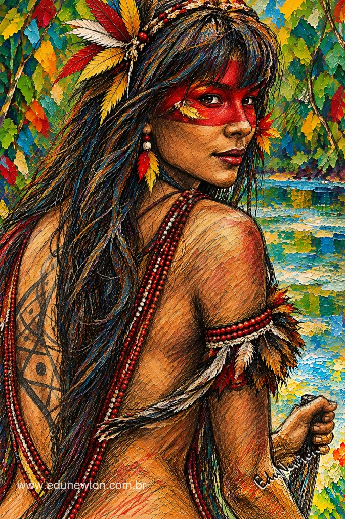 Un remo aparece junto a una mujer indígena, con el río y el bosque al fondo.