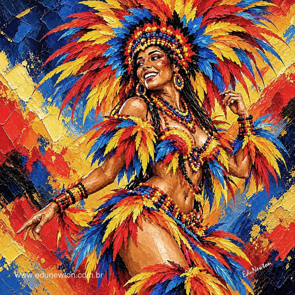 Una participante del bumba meu boi abre los brazos con un traje de plumas de colores, en una escena de fiesta de Maranh&atilde;o.