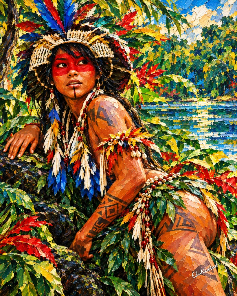 A mulher indígena repousa junto a um tronco, cercada pela vegetação e pelo rio.
