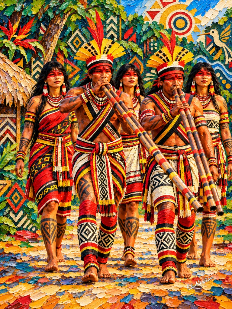 Um grupo caminha entre árvores, instrumentos de sopro e grafismos coloridos.