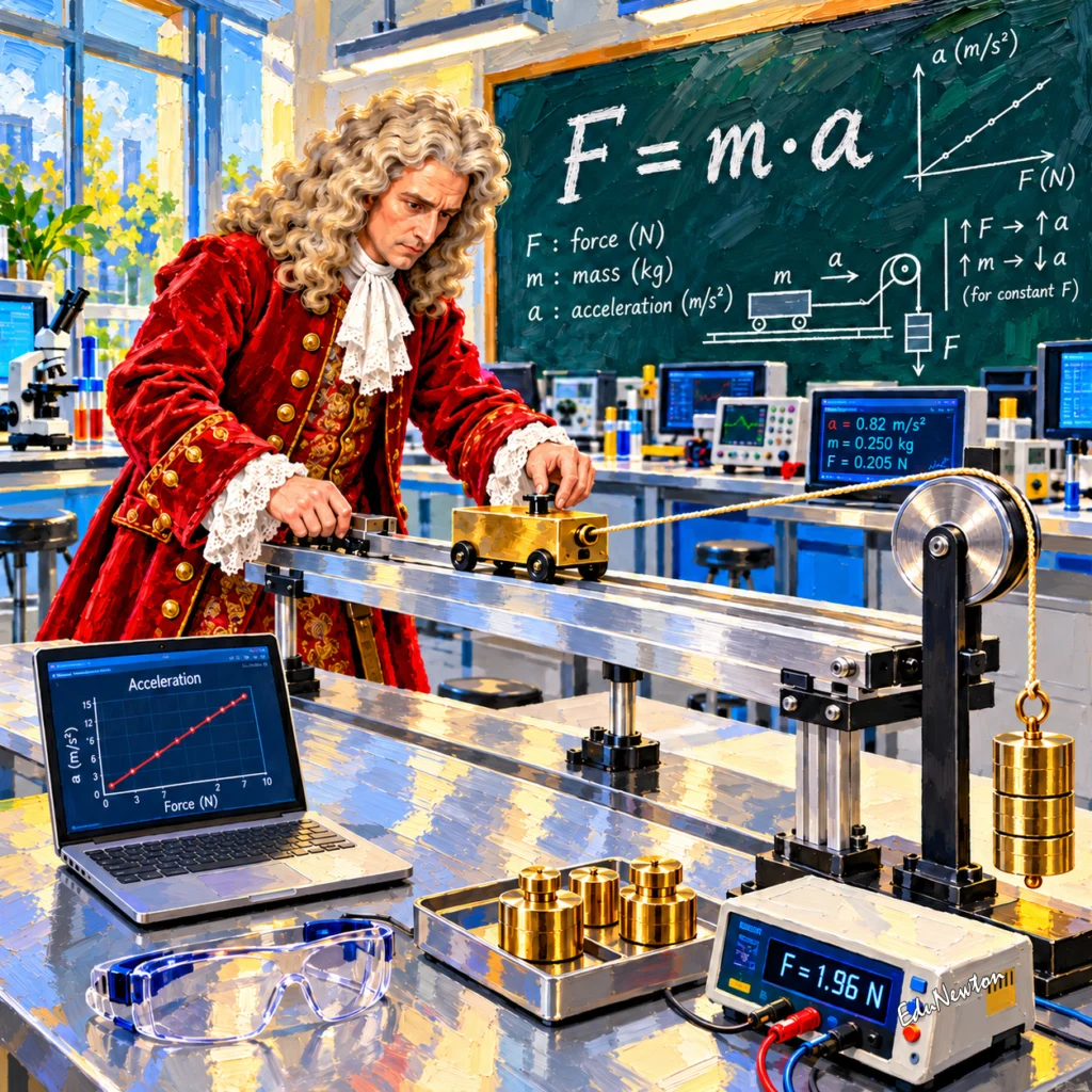 Isaac Newton aparece entre sensores, computador e equipamentos modernos, com a segunda lei no quadro.