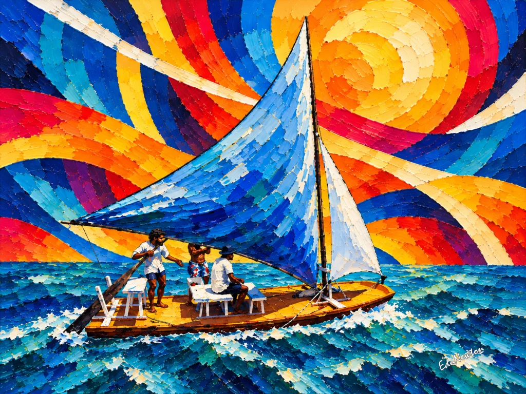 A jangada avança sobre o mar azul, com pescadores e uma vela aberta à luz.