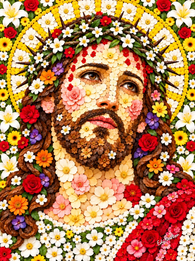 O rosto de Jesus Cristo é construído com flores de diferentes cores e tamanhos.