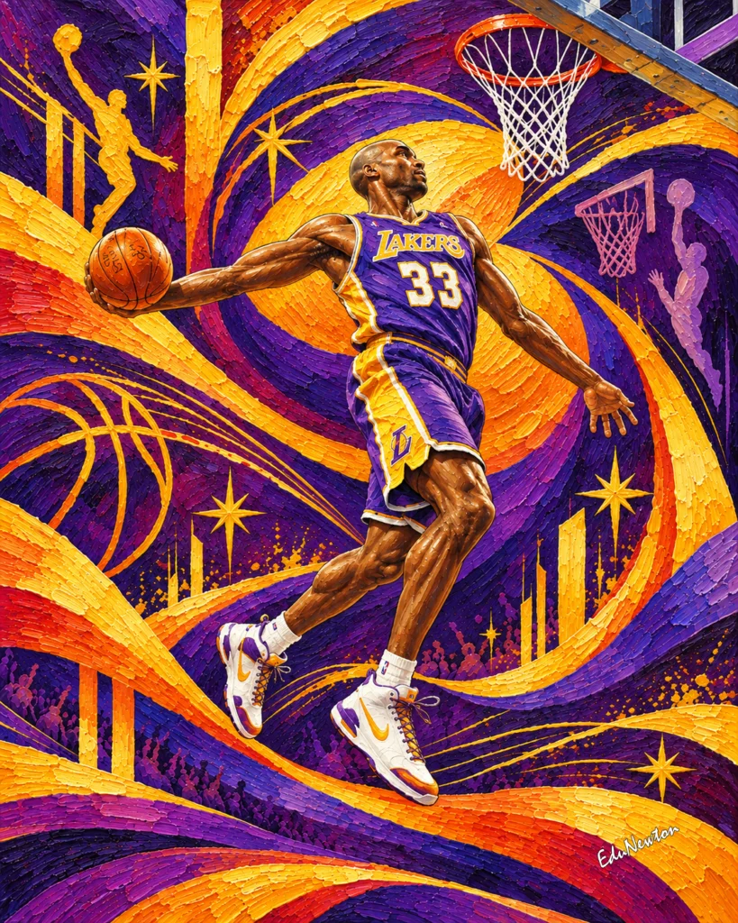 Um jogador dos Lakers se aproxima do aro com a bola em uma das mãos, no instante anterior à enterrada.