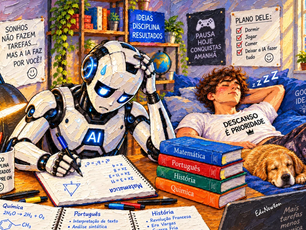 Jovem dorme enquanto um robô resolve atividades escolares.