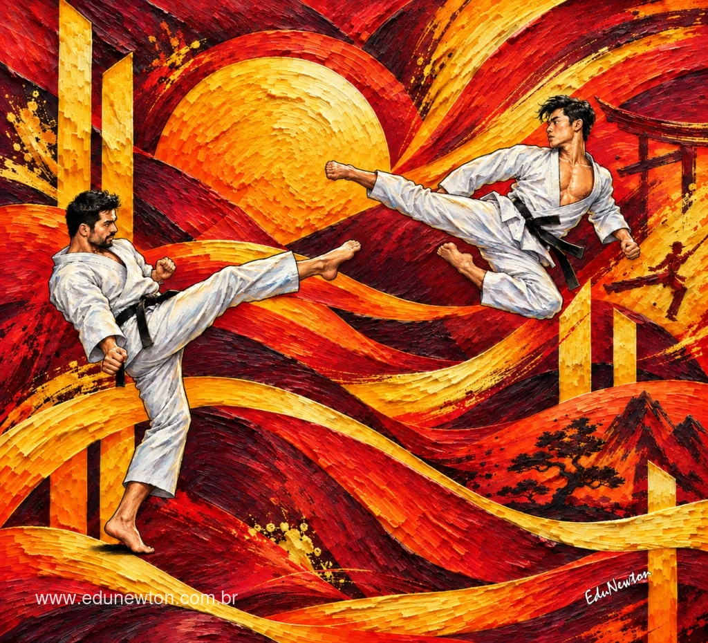 The karate practitioners meet with kicks that draw diagonals through space.