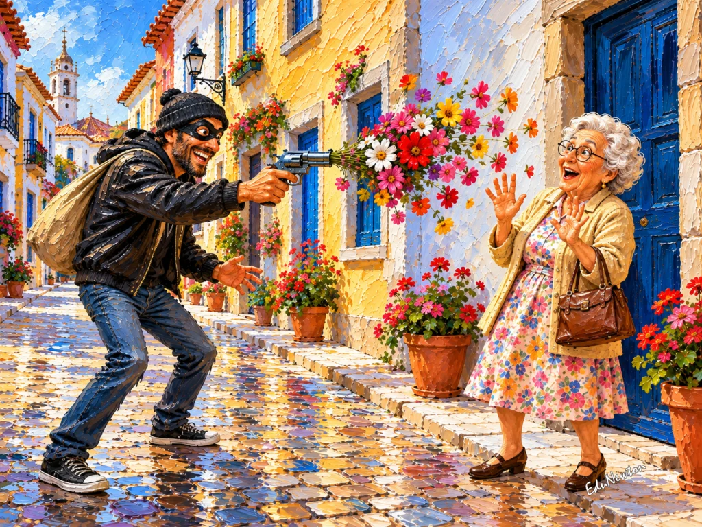 A senhora recebe flores que surgem da arma apontada em sua direção.