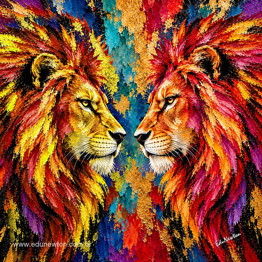 Dos leones se miran frente a frente, con las melenas abiertas en tonos intensos.