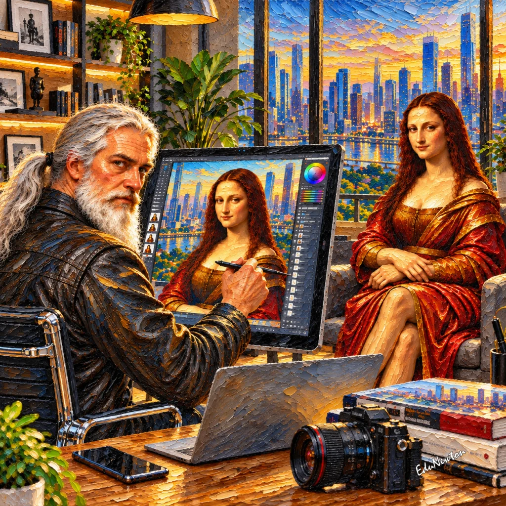 Leonardo da Vinci retrata Mona Lisa em uma tela digital, cercado por equipamentos contemporâneos.