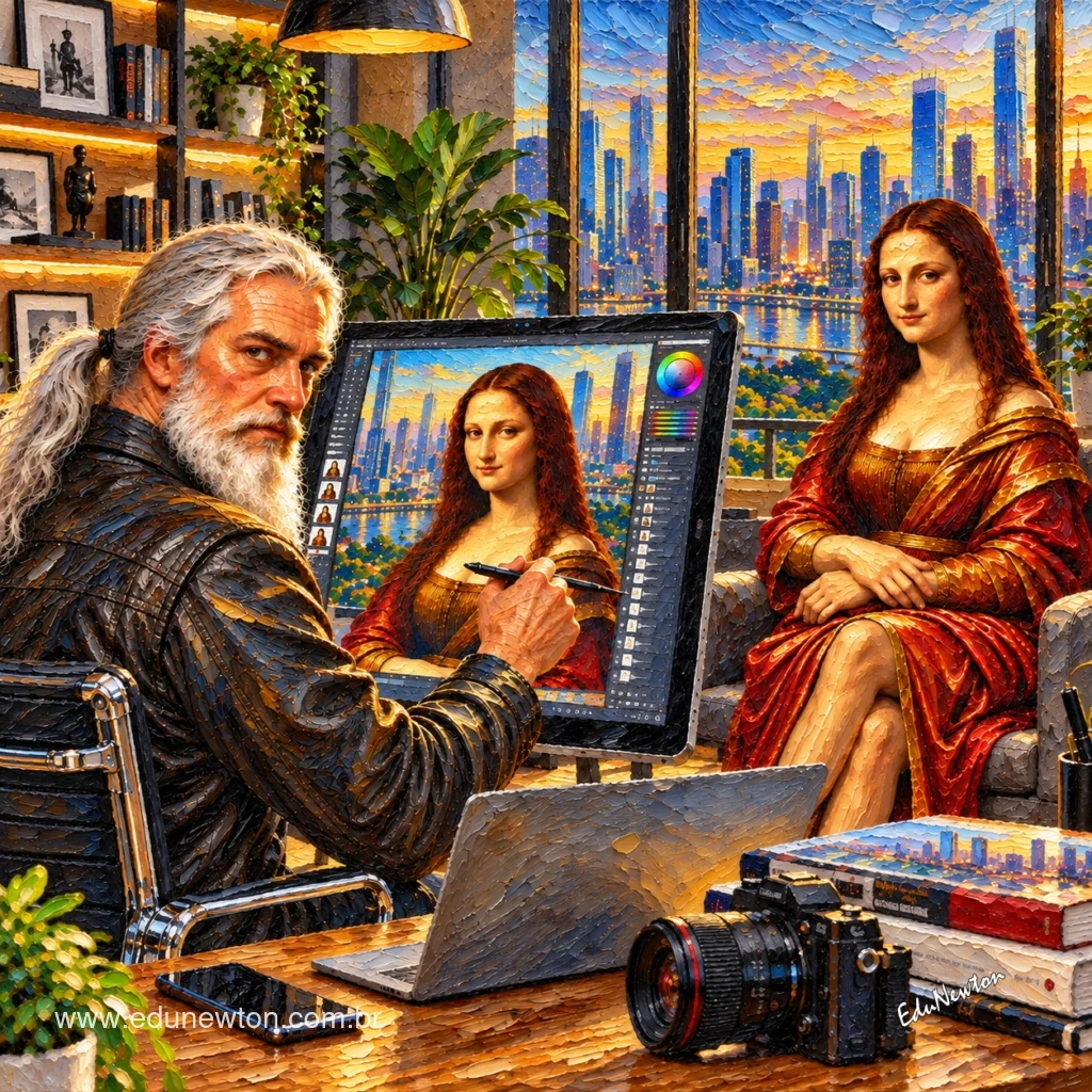 Leonardo da Vinci retrata a la Mona Lisa en una pantalla digital, rodeado de equipos contempor&aacute;neos.
