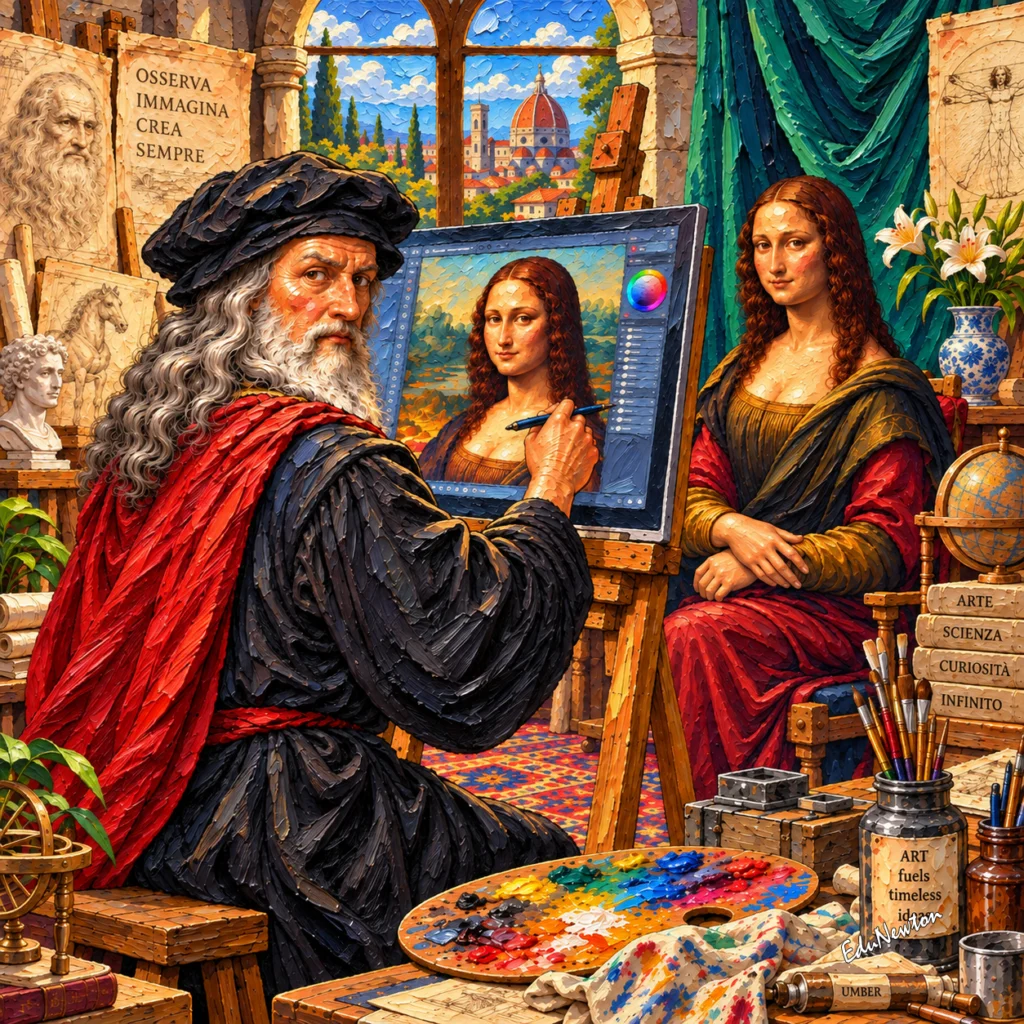 Entre pincéis, livros e objetos do ateliê, Leonardo da Vinci pinta Mona Lisa no computador.