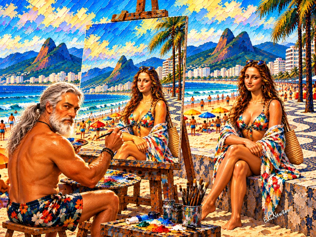 Leonardo da Vinci pinta Mona Lisa na praia de Ipanema.