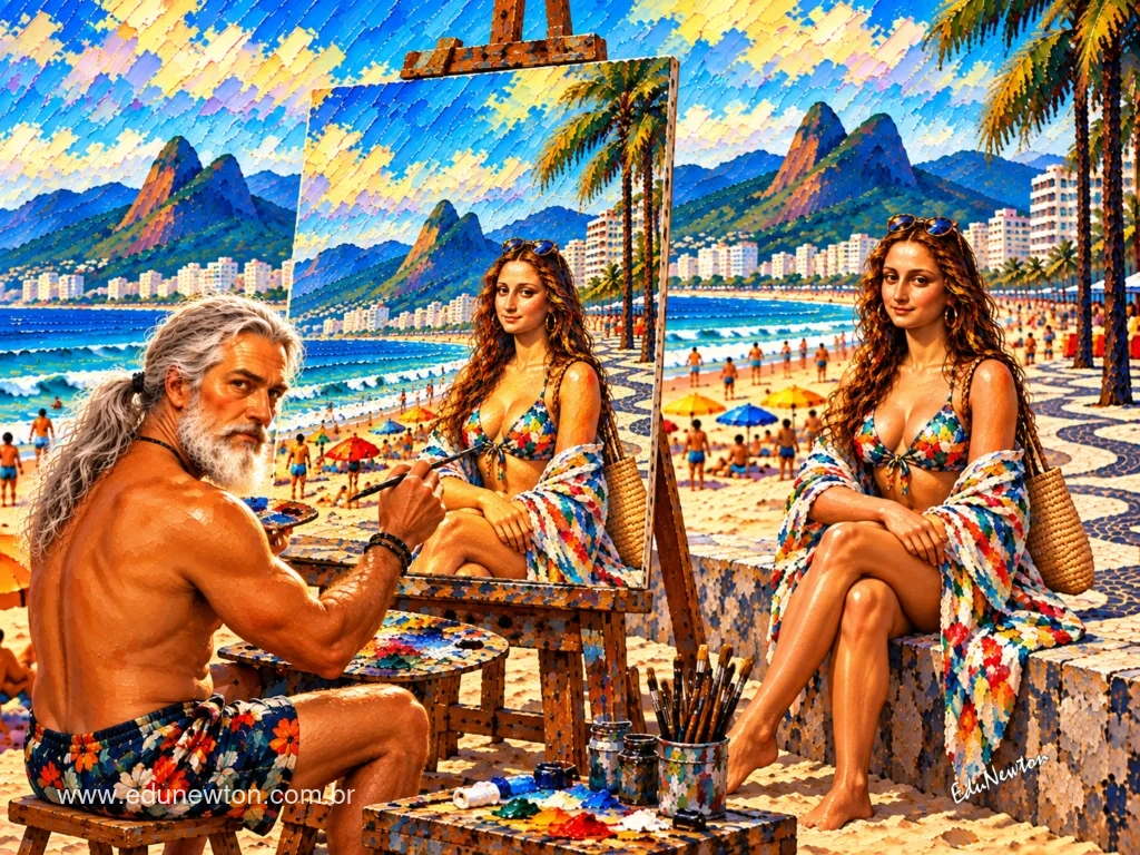 Leonardo da Vinci trades his studio for the sands of Ipanema and paints Mona Lisa in a summer setting.