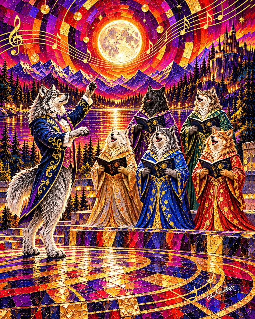 Um lobo rege outros lobos vestidos para cantar, diante de um lago e da lua cheia.