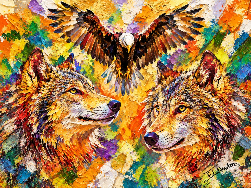 Dois lobos se voltam um para o outro enquanto uma águia abre as asas acima deles.