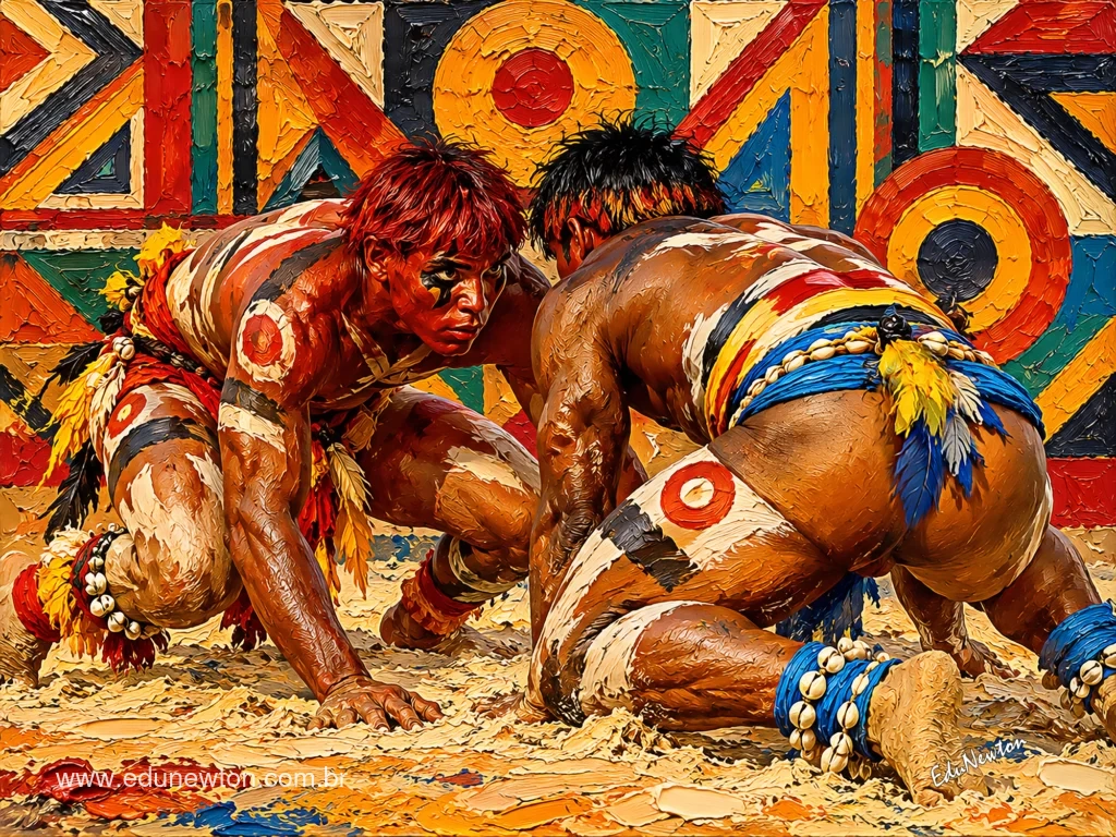 Dos luchadores ind&iacute;genas se acercan en posici&oacute;n baja, con sus pinturas corporales destacadas.