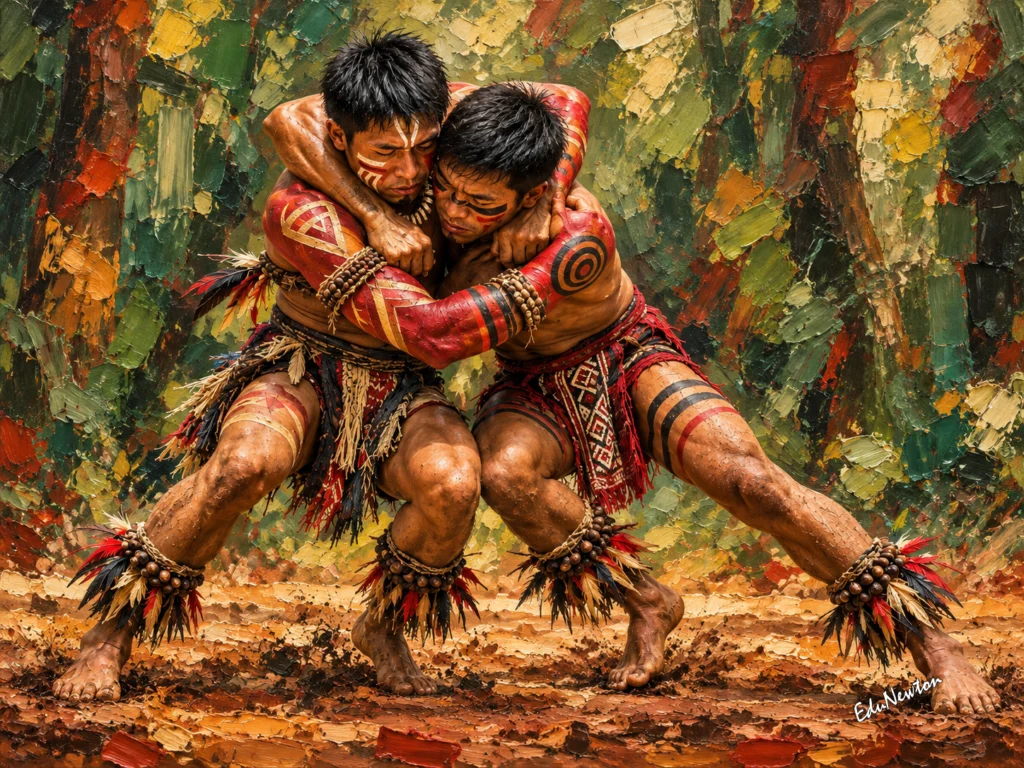 Dois lutadores indígenas com os corpos entrelaçados em meio à floresta.