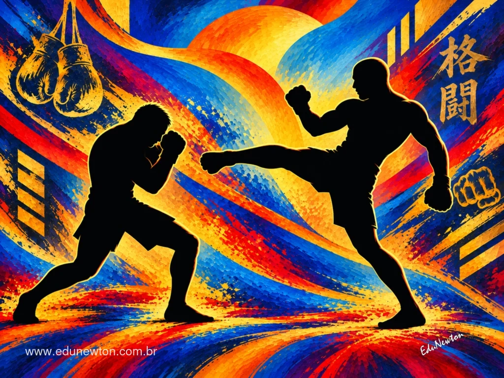 Un luchador lanza una patada mientras el otro cierra la guardia, con ambas figuras recortadas en silueta.