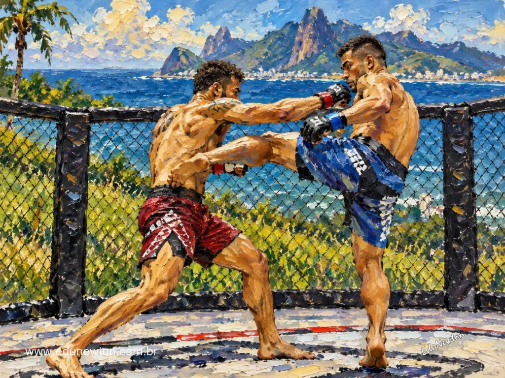 A punch and a kick cross the space between the fighters.
