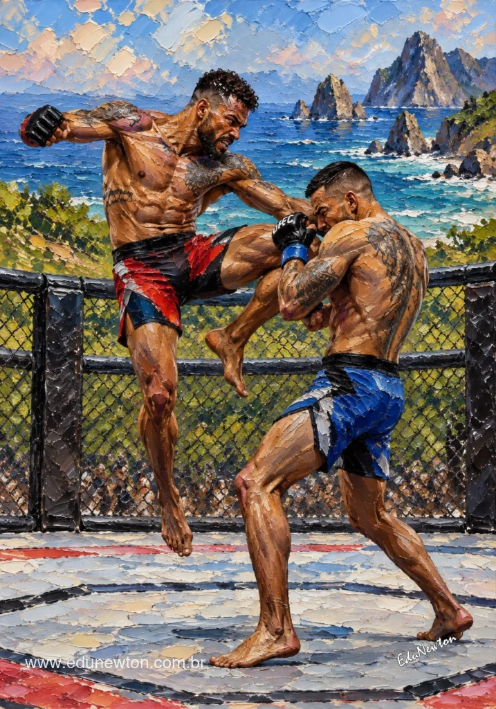 A fighter leaps to deliver a knee strike as his opponent raises his guard.
