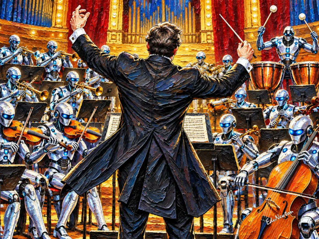 Um maestro conduz uma orquestra formada por robôs.