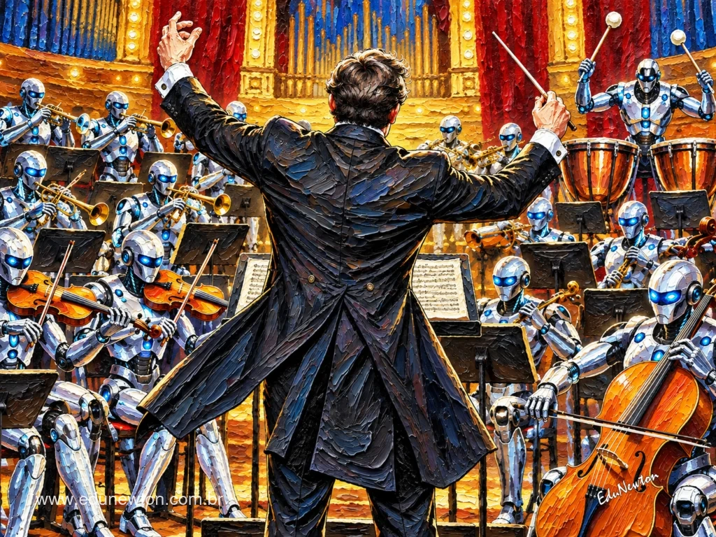 A conductor leads an orchestra of robots.