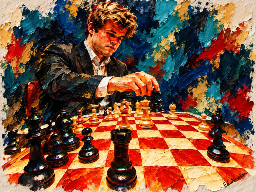 Magnus Carlsen se inclina sobre o tabuleiro com a mão próxima às peças.