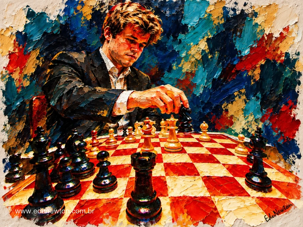 Magnus Carlsen se inclina sobre el tablero con la mano cerca de las piezas.