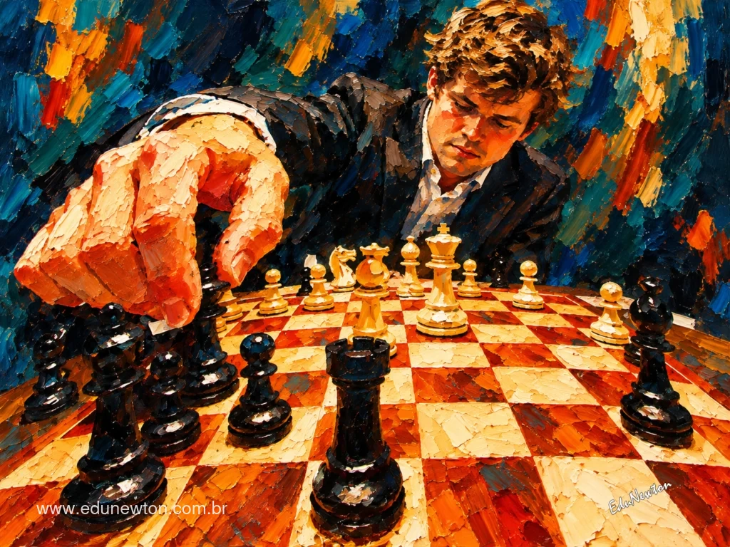 La mano de Magnus Carlsen ocupa el primer plano mientras se concentra en el tablero durante una partida de ajedrez.