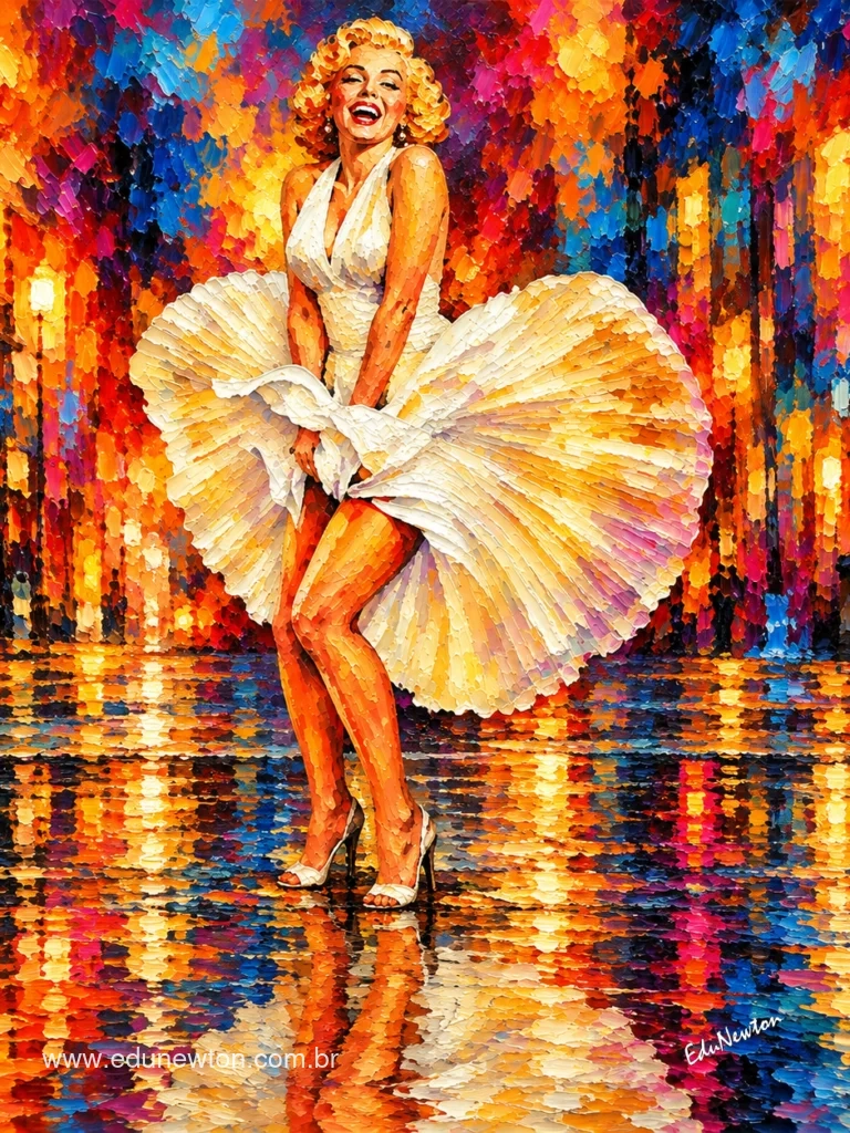 Marilyn Monroe appears with her white dress in motion, in a reference to The Seven Year Itch.
