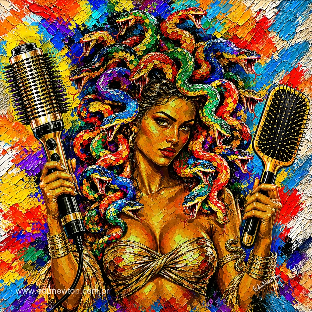 Medusa holds two brushes, surrounded by the snakes that form her hair.