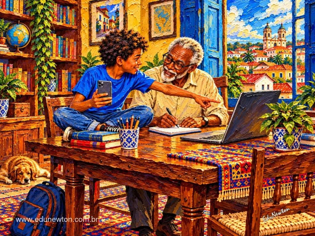 Un niño muestra el ordenador a su abuelo, que sigue la explicación sonriendo.