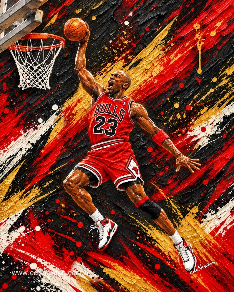 Michael Jordan heads for a dunk in the Bulls' red jersey.
